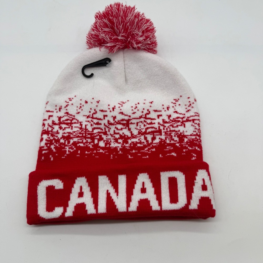 Canada Red White Pom Pom Cuffed Beanie Hat Winter Knit Cap Souvenir